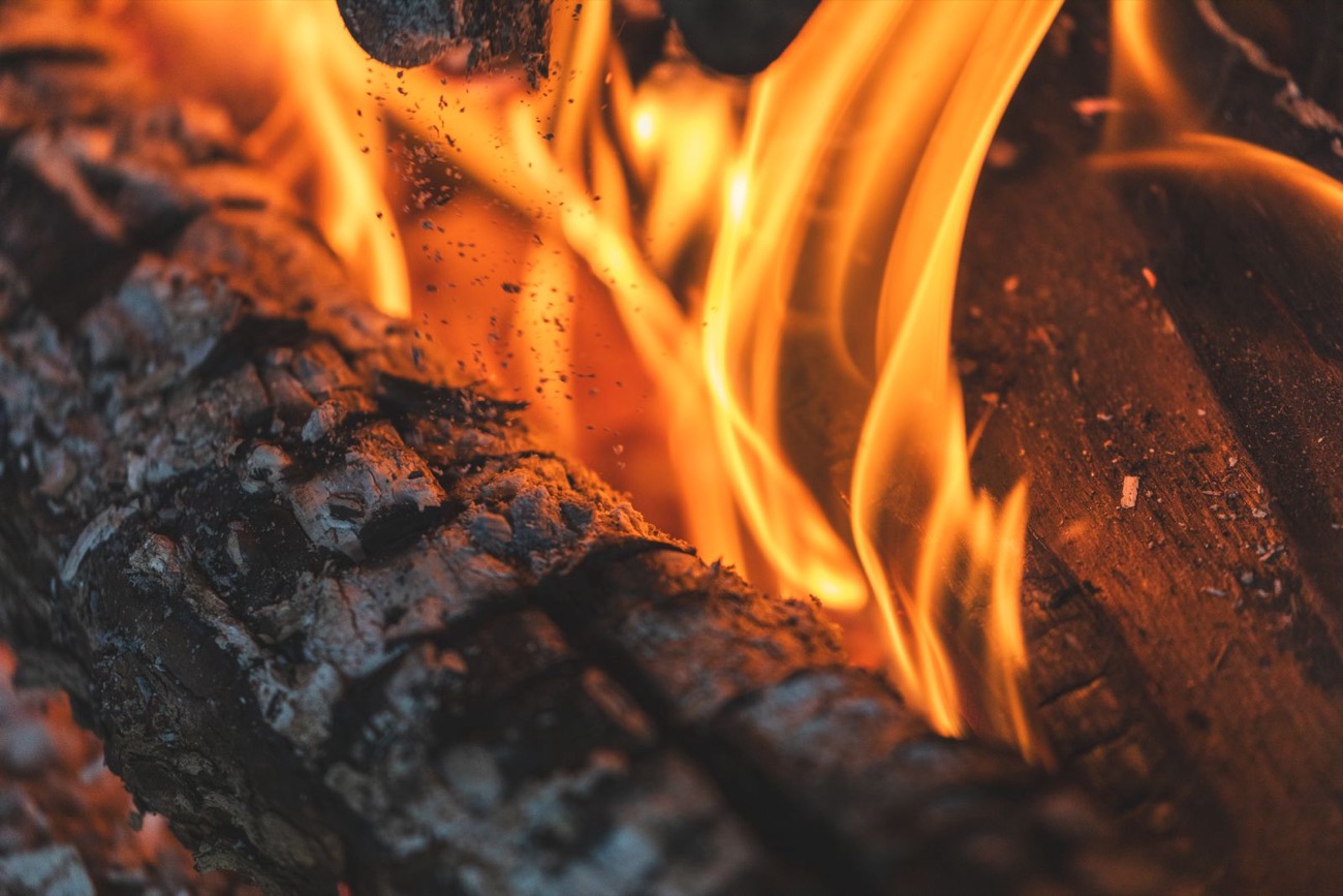 Flammes et bûches en gros plan dans un foyer